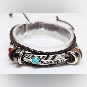 Men's Bracelet Leather Feather Turquoise Braided Layered Brown New f18
